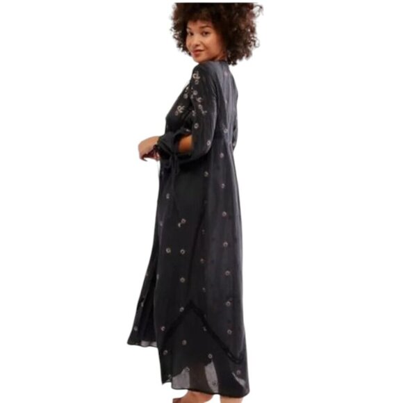 Free People Chasin Spring Maxi Bodysuit Black Dress Button Floral Embroidered S - Picture 2 of 16
